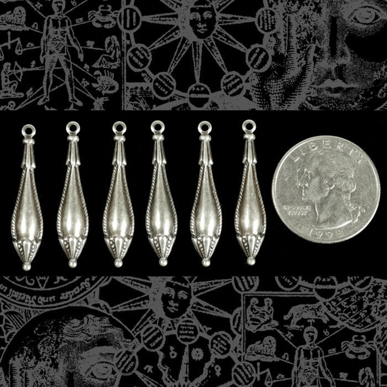Antiqued Silver Plated Brass Victorian style Drop Charms - Set of Six - S-C65